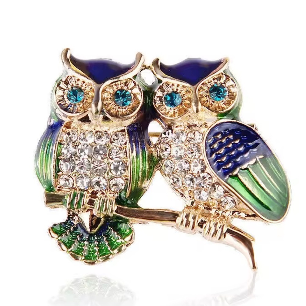 Vintage Crystal Owl Brooch Gold Tone Enamel Statement Pin